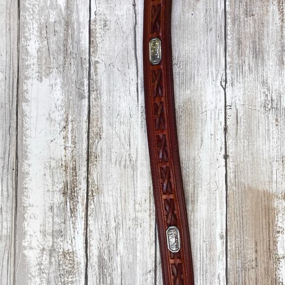 Fossil Western Leather Belt Sz 38 Brown Metal Woven Concho Silver Tone Cowgirl - Picture 9 of 14